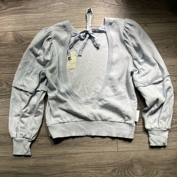 GANNI Light Blue Yellow Flower Long Puff Sleeves Backless Tie Sweatshirt Size M - Picture 2 of 11